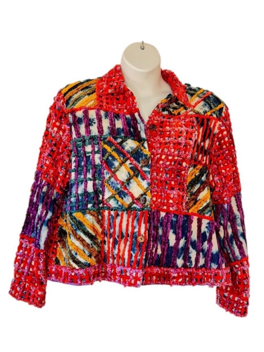Vintage Minnie's Closet Chenille Jacket Art to Wear Artsy BOHO Women's Size XL